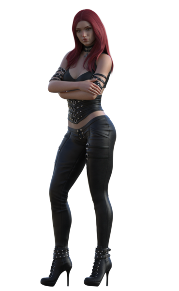 Deri elbiseli kızıl saçlı.