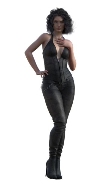 Siyah deri elbiseli kadın.