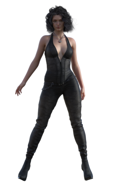 Siyah deri elbiseli kadın.