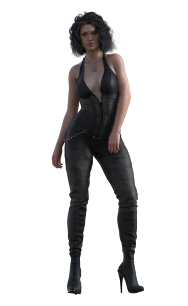 Siyah deri elbiseli kadın.