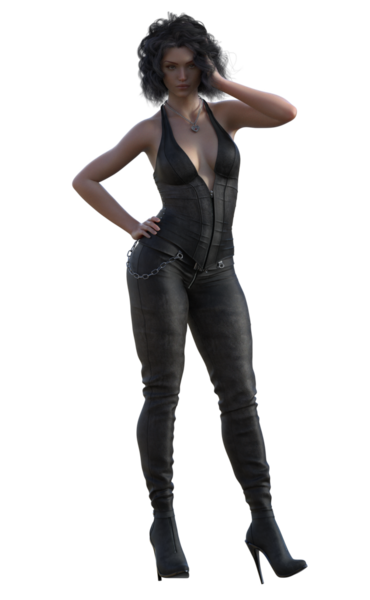 Siyah deri elbiseli kadın.