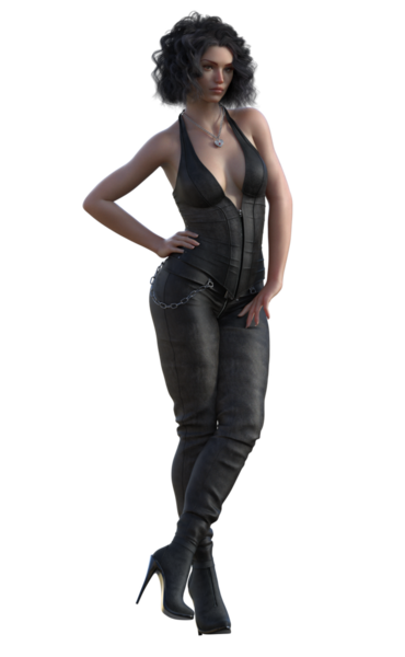 Siyah deri elbiseli kadın.