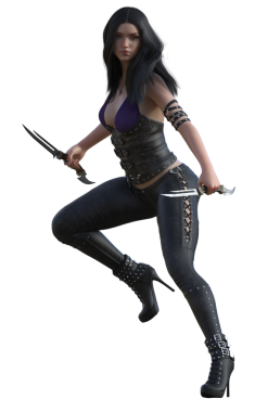 Deri elbiseli modern bir kız hançer taşıyor.