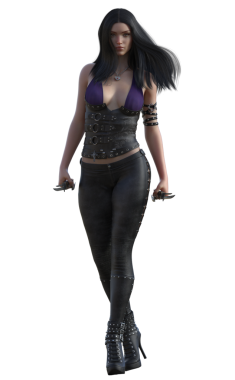 Deri elbiseli modern bir kız hançer taşıyor.