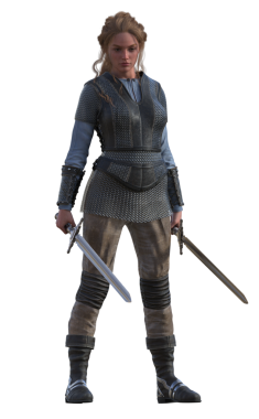 Koruyucu kadın kılıç kullanıyor.