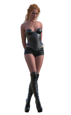 Deri elbiseli hoş bir kadın.