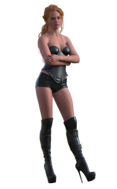 Deri elbiseli hoş bir kadın.