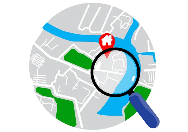 放大镜滑过地图 扫描旅游区或目标客户地址 — 图库矢量图片