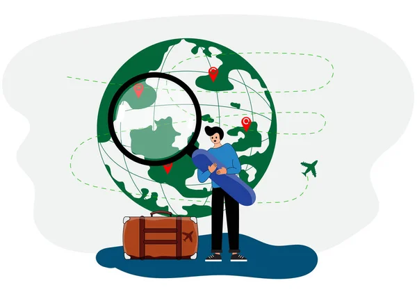Man Holding Magnifying Glass Suitcase Back Globe Airplane Concept Scan — Stock Vector