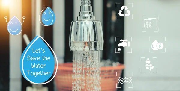 Water saving concept : Water drop icon and message help save water for the future. Water is life, the source of everything around us.