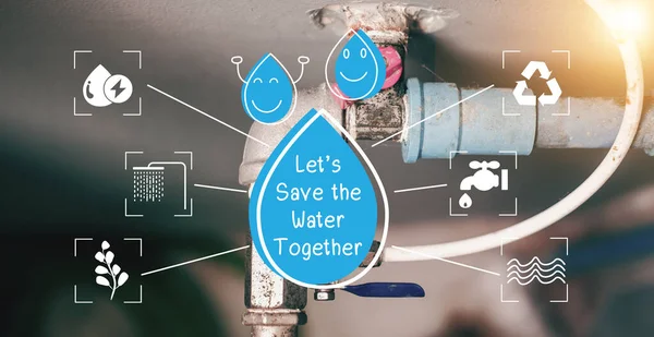 Su tasarrufu kavramı: Su damlası ikonu ve mesaj suyu geleceğe saklamaya yardımcı olur. Su hayattır, etrafımızdaki her şeyin kaynağı..