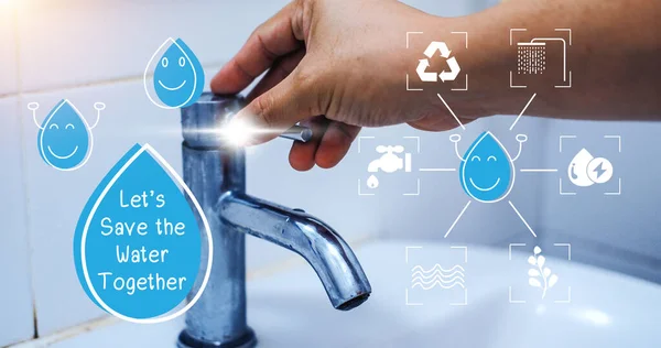 Conceito Economia Água Ícone Gota Água Mensagem Ajudam Economizar Água — Fotografia de Stock