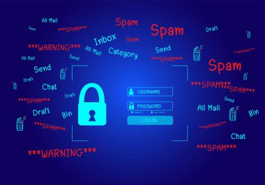 E-posta ve bilgisayar virüsleri kavramı. Ekranda internet güvenliği, spam ve e-pazarlama kavramlarını gözden geçirin. Çöp posta açılır uyarıları.