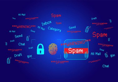 E-posta ve bilgisayar virüsleri kavramı. Ekranda internet güvenliği, spam ve e-pazarlama kavramlarını gözden geçirin. Çöp posta açılır uyarıları.