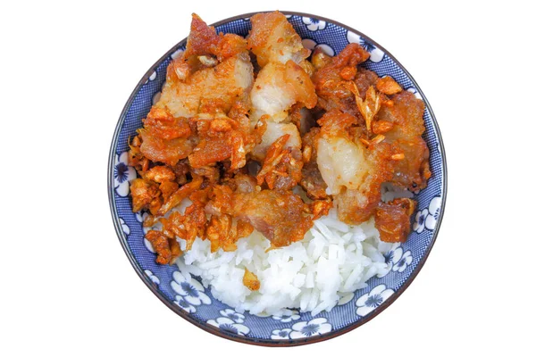 Thai Street Food Gebratenes Schweinefleisch Mit Knoblauchscheiben Auf Reis Weißer — Stockfoto