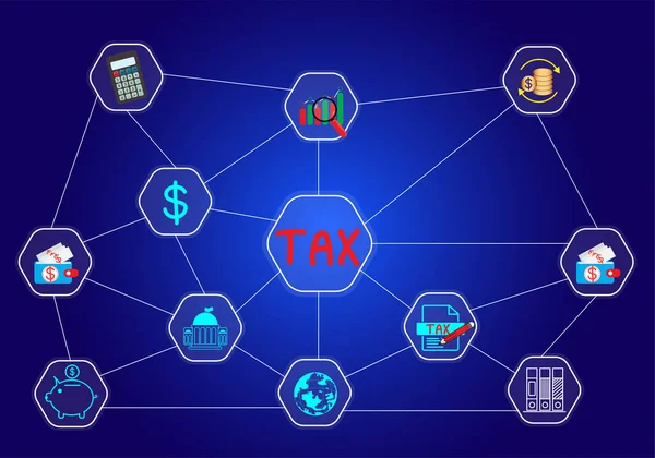 Vat 所得税 資産税などの個人や企業が支払う税金の概念データ分析 書類作成 財務調査 あなたのビジネスの背景 ベクトル — ストックベクタ