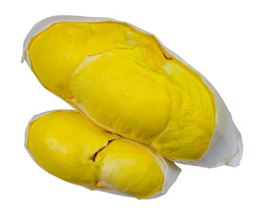 Altın sarısı Durian meyvesi soyulmuş ve kağıda sarılmış. beyaz arkaplanda