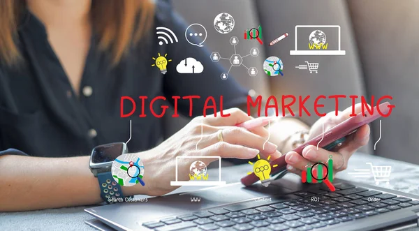 Concept of digital marketing materials Advertise your website, email, social network, SEO, video, mobile app with icons and analyze ROI and strategy.