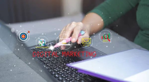 Concept of digital marketing materials Advertise your website, email, social network, SEO, video, mobile app with icons and analyze ROI and strategy.