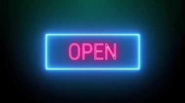 Open Neon Red Fluorescent Text Animation blue frame on black background