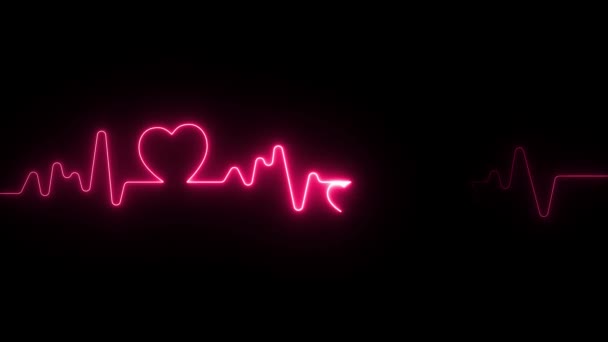 Neon Etkisi Kalp Atışı Çizgisi Siyah Arkaplan Üzerinde Kusursuz Döngü — Stok video