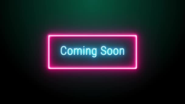 Coming Soon Neon Blue Fluorescent Text Animation Pink Frame Black — Stock Video