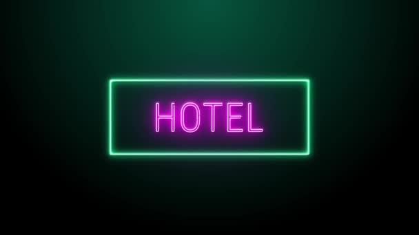 Hotel Neon Pink Fluorescent Text Animation Green Frame Black Background — Stock Video