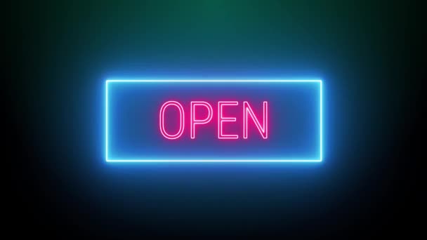 Open Neon Red Fluorescent Text Animation Blue Frame Black Background — Stock Video