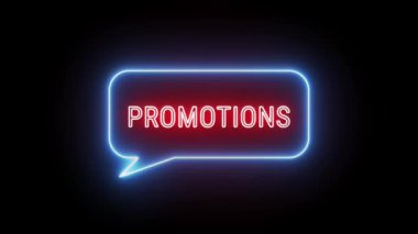 PROMOTIONS Neon red Fluorescent Text Animation light blue frame on black background