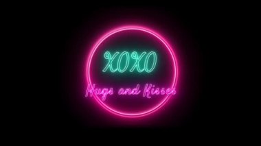 XOXO - Kucaklaşma ve Öpücükler Neon yeşili-pembe floresan metin animasyon pembe çerçeve siyah arkaplan