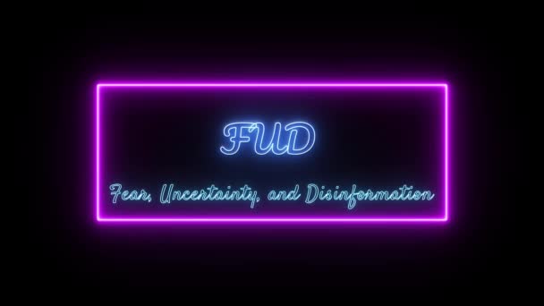 Fud 恐怖と不確実性と偽情報ネオンブルー蛍光テキスト黒の背景にアニメーションピンクのフレーム — ストック動画