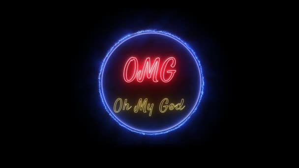 Omg God Neon Rot Gelb Fluoreszierender Text Animation Blauer Rahmen — Stockvideo