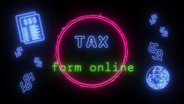 Daňový Formulář Online Neon Modrozelený Fluorescenční Text Animace Růžový Rám — Stock video