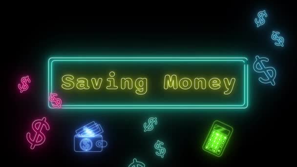 Úspora Peněz Neon Yellow Fluorescent Text Animace Zelený Rám Černém — Stock video