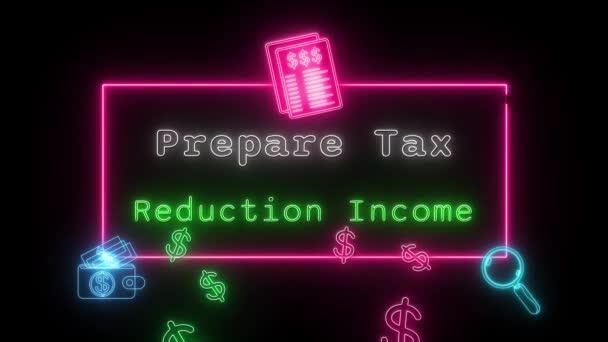 税控除の収入のログインを準備するネオン白緑蛍光テキストアニメーション黒の背景にピンクのフレーム — ストック動画