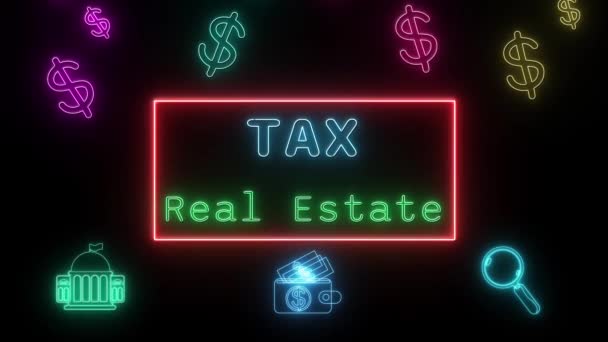 Nemovitá Daň Neon Modrozelená Zářivka Text Animace Červená Rámeček Černém — Stock video