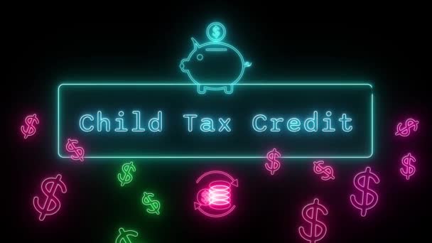 Steuergutschrift Für Kinder Neon Blau Fluoreszierender Text Animation Blauer Rahmen — Stockvideo