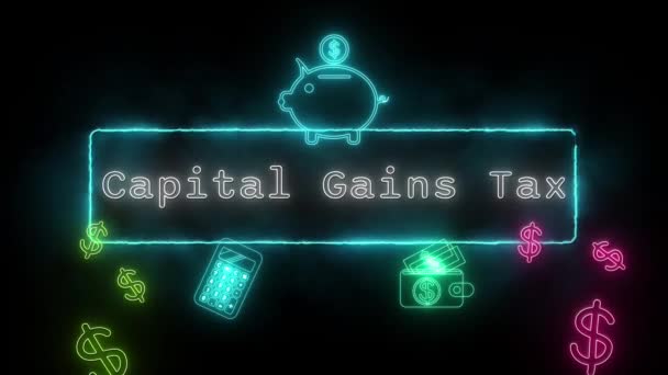 Kapitalertragsteuer Neon Weiß Fluoreszierender Text Animation Blauer Rahmen Auf Schwarzem — Stockvideo