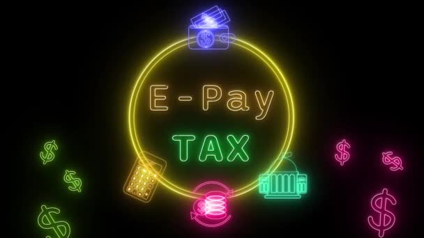 Pay Tax Neón Amarillo Verde Texto Fluorescente Animación Marco Rosa — Vídeo de stock