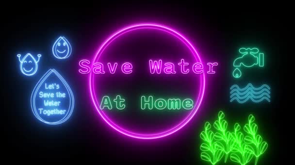Wasser Sparen Hause Neon Rosa Grün Fluoreszierender Text Animation Rosa — Stockvideo