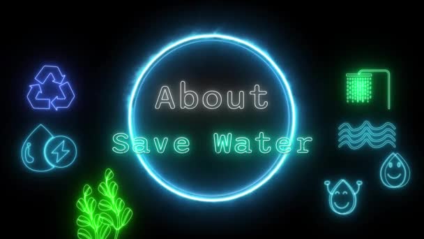 Water Besparen Neon Wit Groen Fluorescerende Tekst Animatie Blauw Frame — Stockvideo