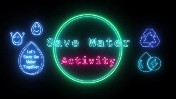 Salvar Atividade Água Neon Azul Rosa Texto Fluorescente Animação Moldura — Vídeo de Stock
