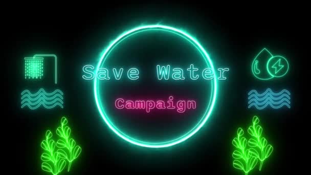 Salvar Campanha Água Neon Verde Rosa Texto Fluorescente Animação Moldura — Vídeo de Stock