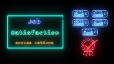 iş memnuniyeti tüm ülkelerde Neon mavi-yeşil floresan metin animasyon mavi çerçeve siyah arkaplan