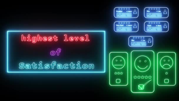 Nejvyšší Úroveň Spokojenosti Neon Červenomodrý Fluorescenční Textová Animace Modrý Rám — Stock video