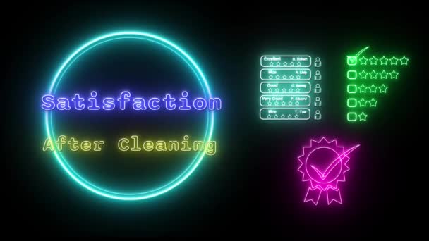 Zufriedenheit Nach Der Reinigung Neon Blau Gelb Fluoreszierender Text Animation — Stockvideo