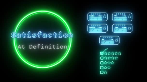 Satisfação Definição Neon Azul Amarelo Fluorescente Texto Animação Moldura Verde — Vídeo de Stock