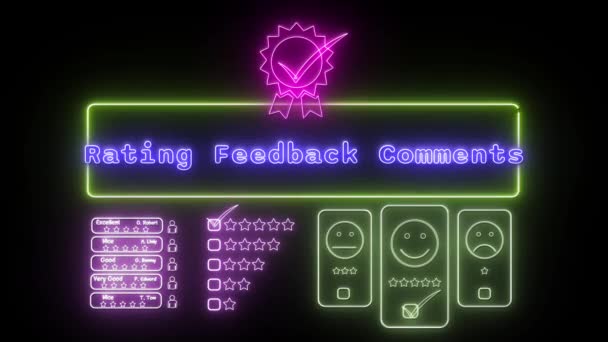 Beoordeling Feedback Opmerkingen Neon Blauw Fluorescerende Tekst Animatie Geel Frame — Stockvideo
