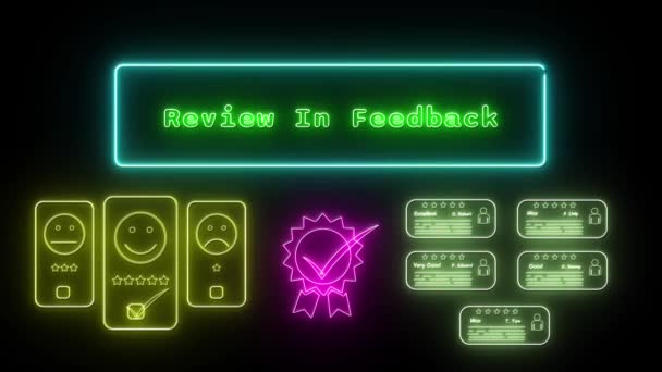Review Feedback Verde Néon Texto Fluorescente Animação Moldura Azul Sobre — Vídeo de Stock