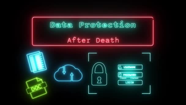 死後のデータ保護ネオングリーン 赤蛍光テキスト黒の背景にアニメーション赤枠 — ストック動画